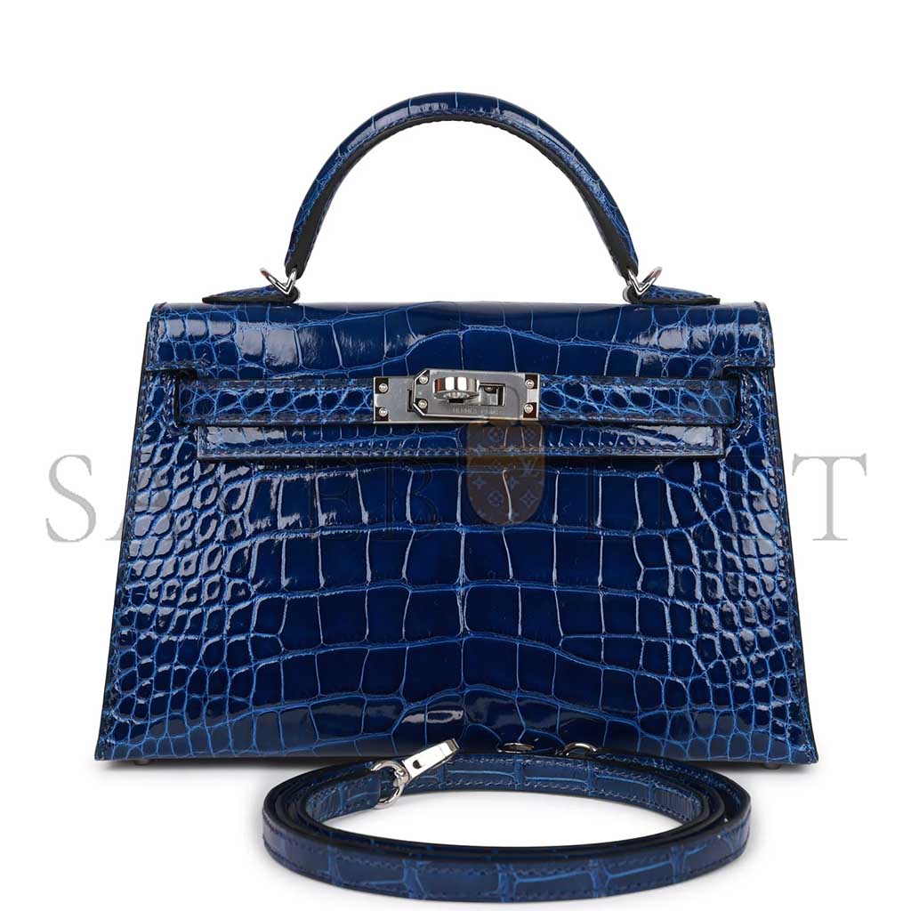 HERMÈS MASTER MINI KELLY II SELLIER BLEU SAPHIR SHINY ALLIGATOR PALLADIUM HARDWARE (19*12*5.5cm) 